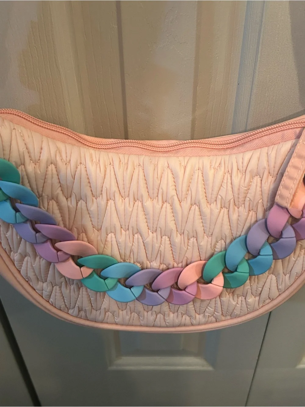 Blush Pink Quilted Shoulder Bag with Pastel Chain Accent